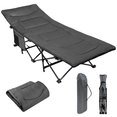 Складане кемпінгове ліжко ALPIDEX з м'яким матрацом та кишенею, витримує до 200 кг, сіре