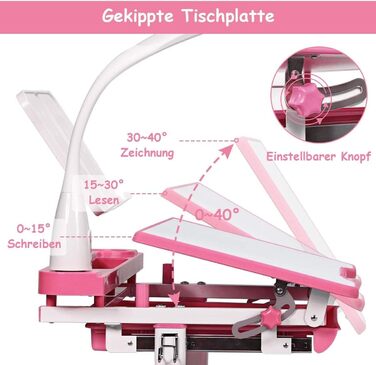Дитячий стіл COSTWAY регулюється по висоті, учнівський стіл з лампою, дитячі меблі регулюється нахилом, дитячий стіл зі стільцем, письмовий стіл з ящиком, вибір кольору (світло-рожевий)
