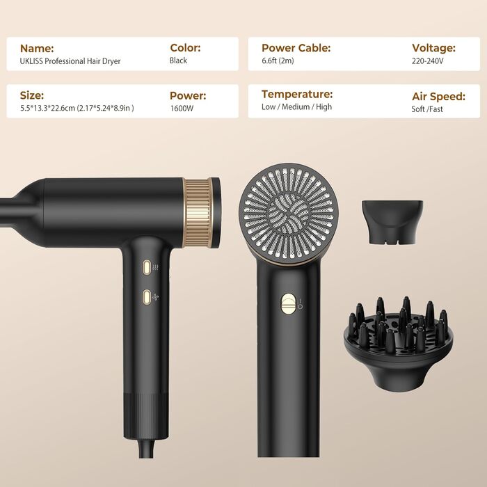 Мультистайлер для волосся 7 в 1 UKLISS Hairstyler Pro: фен, автоматична плойка, кругла щітка та вирівнювач для професійного стайлінгу, чорний