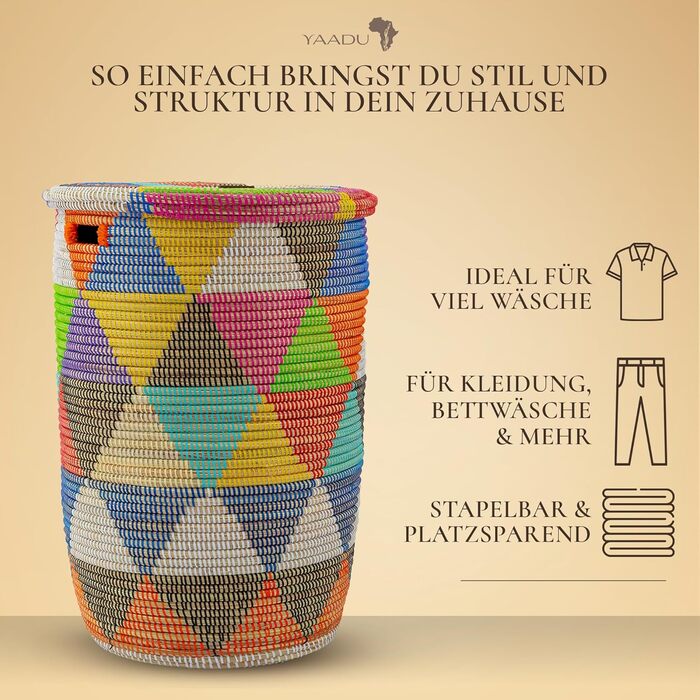 Кошик для білизни YAADU з кришкою XXL – великий контейнер для білизни, африканський кошик з трикутниками