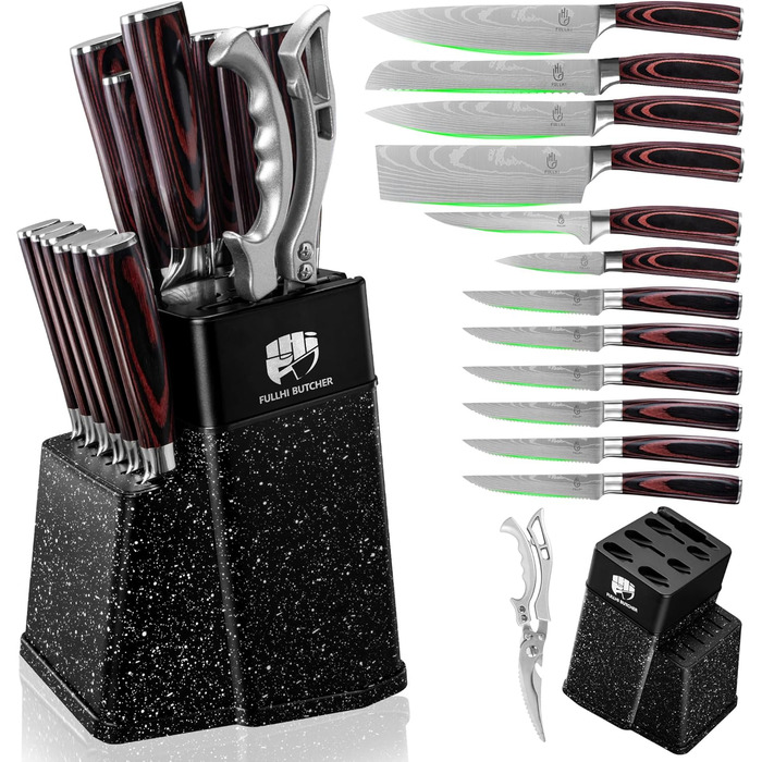 Набір кухонних ножів Fullhi 14 предметів з бруском для заточування: кухонні ножі, ножі для стейку, барвисті ручки. Ідеальний подарунок для чоловіків та жінок.