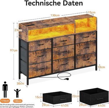 Комод ODK з шухлядами, 2 розетки, 2 USB, 10 LED-смужок, полиця-стільниця, 9 тканинних шухляд, чорний (ретро стиль), 130x30x97 см
