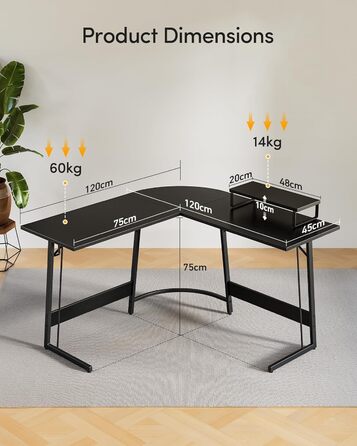 Ігровий стіл CubiCubi L-подібної форми 120x120 см з підставкою для монітора, чорний. Компактний кутовий стіл для комп'ютера, легко збирається.