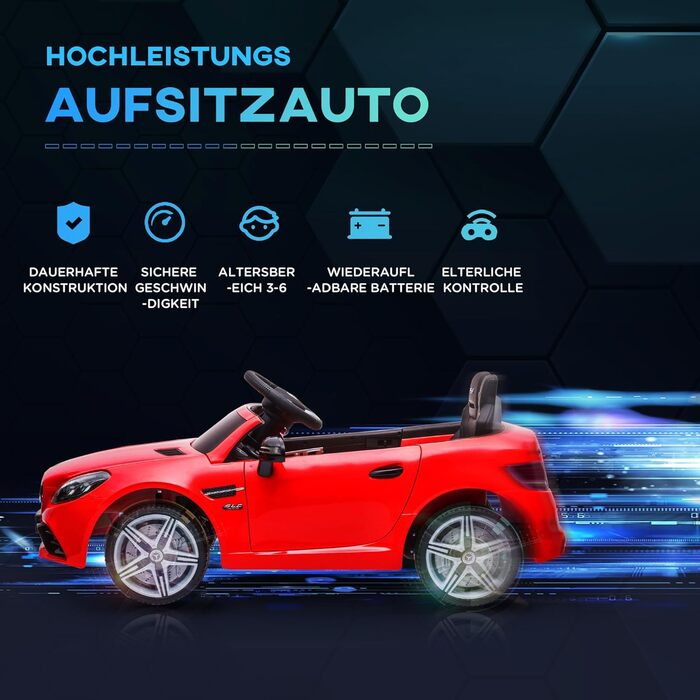 Дитячий електромобіль Mercedes SLC 300 12V з пультом, LED-фарами, ременем безпеки та музикою, червоний, для дітей від 3 років