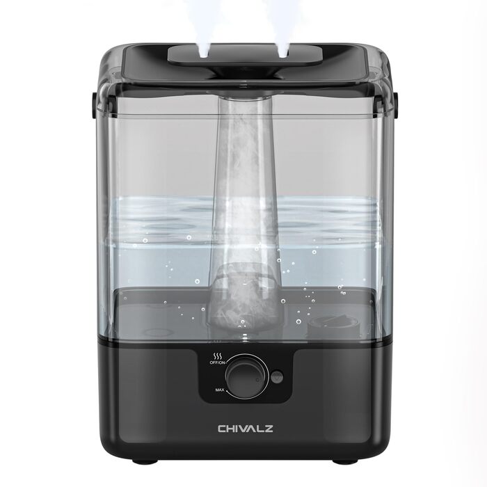 Зволожувач повітря Chivalz Top Fill для великих кімнат 6л з нічником, поворотна на 360° форсунка, аромадифузор, 50 годин, для спальні, дитячої, рослин, немовлят, чорний глянцевий + 2 виходи туману