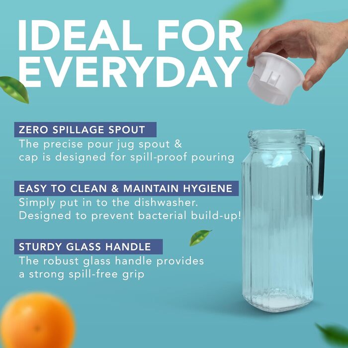 Скляний глечик для холодильника (2 шт.) об'ємом 1 літр з кришкою, рифлений дизайн, не протікає, вентильована кришка для гарячої/холодної води, чай, кава, молоко