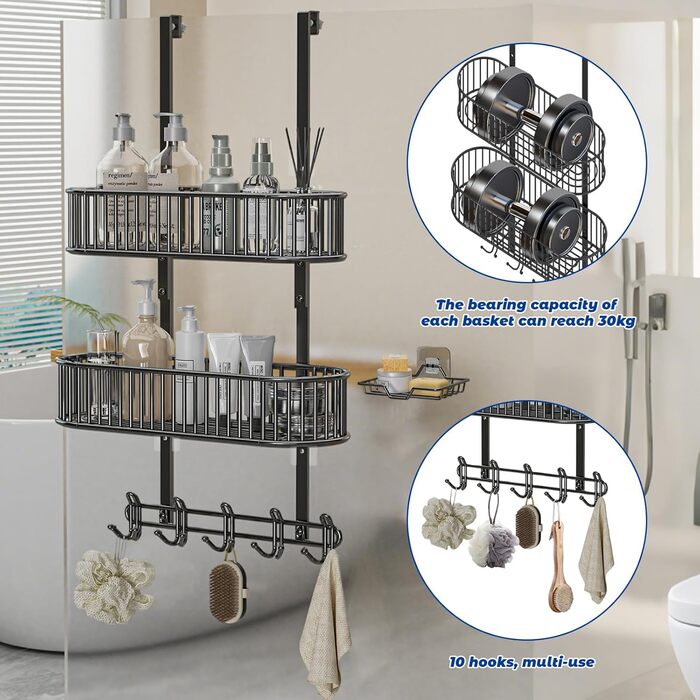 Настінна поличка для душу без свердління, чорна, для скляних душових кабін, регульована висота, 3 гачки, для шампуню та гелю для душу