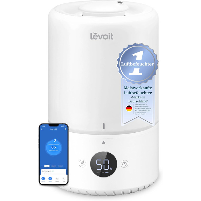 Зволожувач повітря Levoit Smart для спальні та дитячої кімнати, 3 л, кремовий. З сенсором вологості, тихий (20 дБ), з обертовою насадкою 360° для рослин.