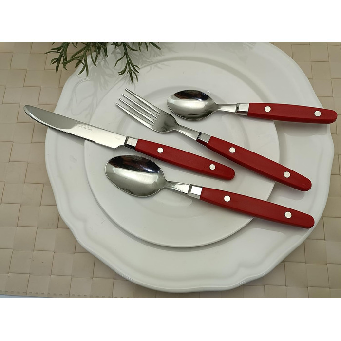 EXZACT Набір столових приборів 24 шт. з нержавіючої сталі з ручками з фіксацією - Ретро стиль. В комплекті: 6 виделок, 6 ножів, 6 ложок, 6 чайних ложок - Червоний