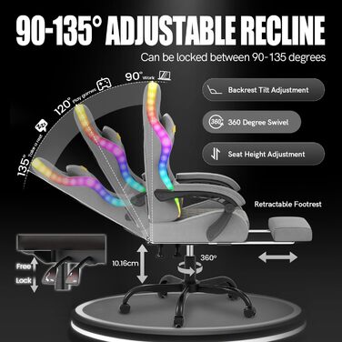 Ігровий крісло Bigzzia з RGB LED підсвічуванням - ергономічне геймерське крісло з підтримкою попереку та підніжкою, регульоване та поворотне, з PU-шкіри, 150 кг, сірий