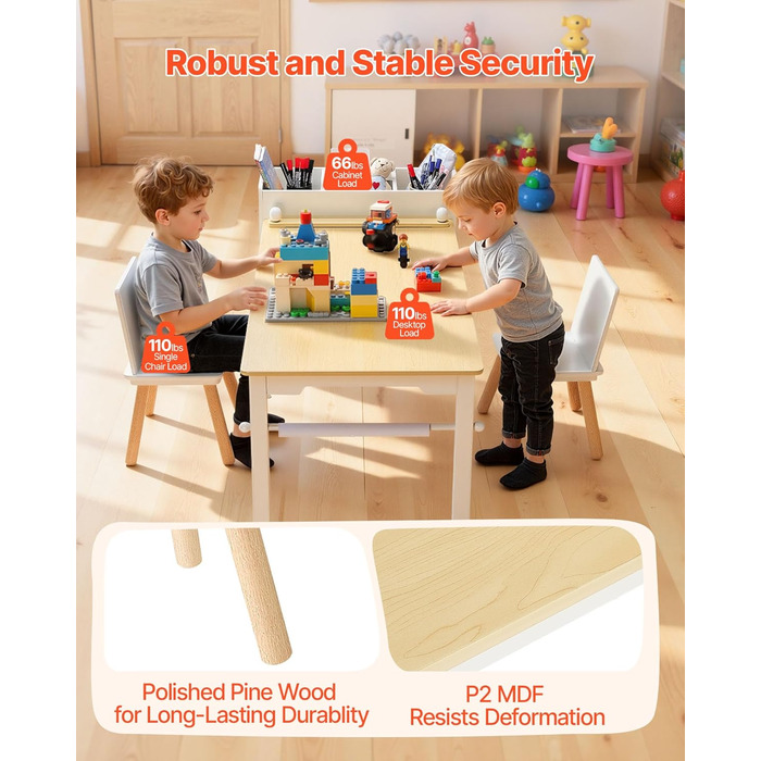 Дитячий стіл VEVOR з 2 стільцями та шафкою 3 ящики, набір для малювання, читання, письма, ігор, дитяча кімната, дитячий садок, білий + натуральне дерево, сучасний дизайн