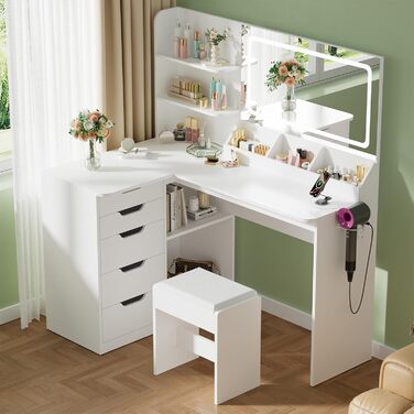 Дзеркальний столик для макіяжу Devoko з LED-підсвічуванням та пуфом, кутовий туалетний столик з розеткою, 5 ящиків, відкриті полиці, тримач для фену, для спальні (білий)