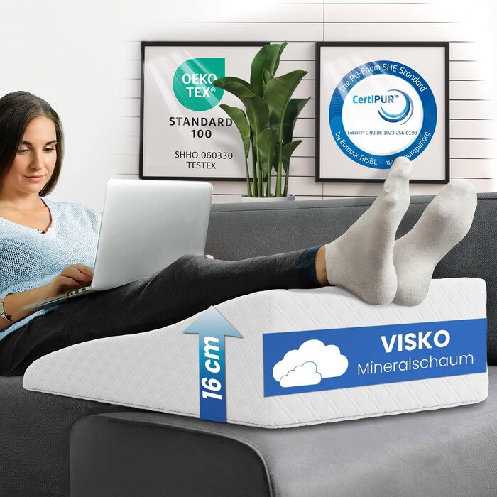 Подушка для ніг ELONEO з піною з пам'яті, для зняття напруги, знімний чохол, 68x40x16 см, (Плоска, Біла)