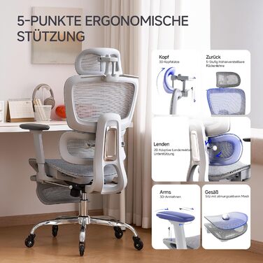 Ергономічне крісло для офісу з підніжкою та подушкою для шиї, 5-рівневе регулювання спинки, 2D підтримка попереку, 3D підлокітники/підголівник, функція нахилу 145°, сітчасте сидіння, гумові колеса (Сірий, Pro)