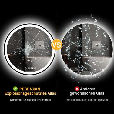 Дзеркало кругле PESENXAN 70см з чорною рамою та підсвічуванням. Антизапарник, диммер, 3 кольори світла, LED, енергозбереження, сенсорна кнопка, функція пам'яті. 60x60 см