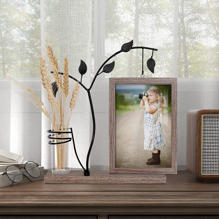 Фоторамка Afuly 13x18, дерев'яна подвійна скляна коричнева фоторамка з вазою та металевим деревом, подарунок для сімейного фото для мами та бабусі