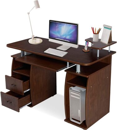 Комп'ютерний стіл Стіл для ПК Стіл Офісний стіл Робочий стіл з клавіатурою Висувні полиці Висувні ящики Лоток для принтера Вибір кольору, 120 x 55 x 85 см Горіхово-коричневий