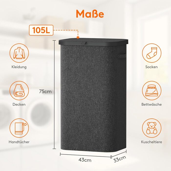 Кошик для білизни Lifewit 105L з кришкою, сірий, великий, складний, для спальні, ванної кімнати