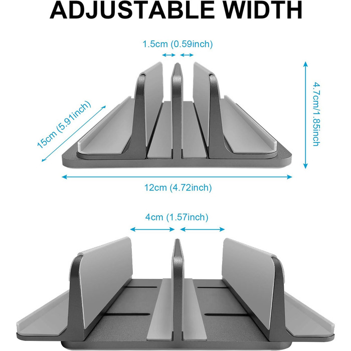 Металевий підставка для ноутбука Vertikaler, 4 слоти, вертикальний MacBook/HP/Chromebook до 44.5 см (17.5 дюймів), сірий