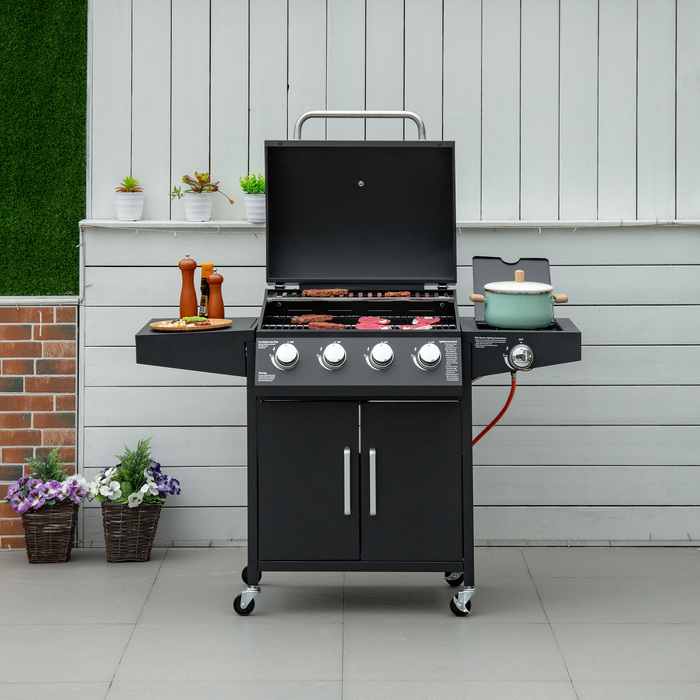 Газовий гриль Outsunny BBQ з 3 пальниками по 3 кВт, мобільний гриль-вагон на 4 колесах, сітка для гриля, бічні столики, редуктор, шланги, шафка, багатофункціональний, метал, чорний, 132,4 см x 55 см x 109 см
