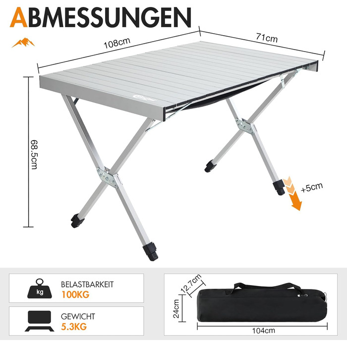Складаний кемпінговий стіл PORTAL з регулюванням висоти, алюмінієвий, 108 x 71 см, легкий стіл для пікніка, саду та подорожей (Сріблястий)