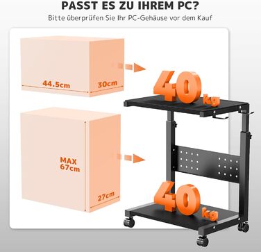 Регульована підставка для ПК PUTORSEN з 2 рівнями, з роликами та підкладкою для миші, чорна (Mid-Tower)