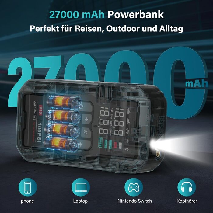 Powerbank Starthilfe 7000A для автомобіля: 27000 mAh, 160 PSI, компресор, LED-ліхтарик, для 12V бензинових та дизельних двигунів (до 8.0L)