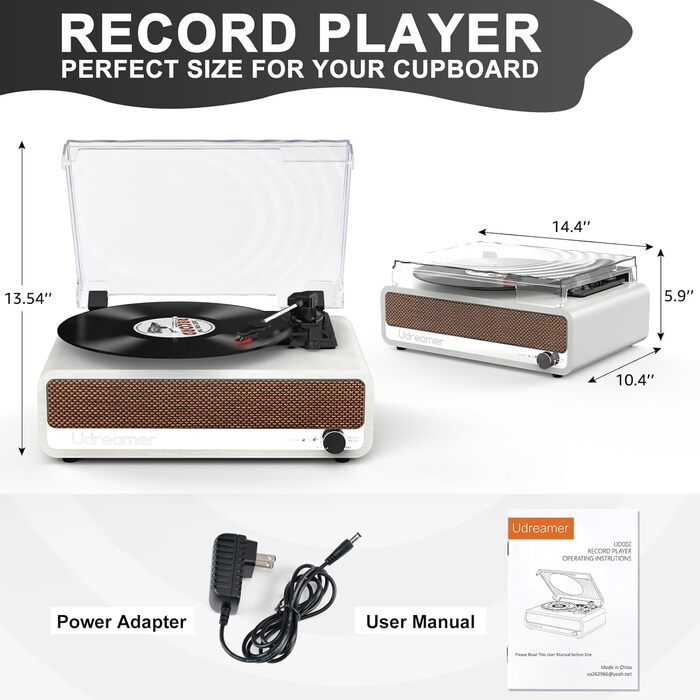 Вініловий програвач Udreamer з Bluetooth, динаміками, USB, AUX, RCA, 3 швидкості, ремінний привід, дзеркальний дизайн, білий