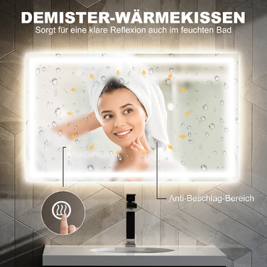 Дзеркало для ванної кімнати зі світлодіодним підсвічуванням, регульованою яскравістю, функцією запобігання запотіванню та вологостійке.