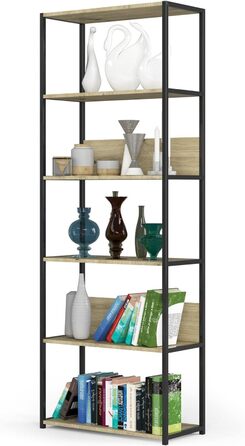 Стелаж AKORD з 6 полицями 50 см, індустріальний стиль, відкритий, з металевим каркасом, для кухні, спальні, офісу (чорний, дуб Artisan, 192 x 70 x 32 см)