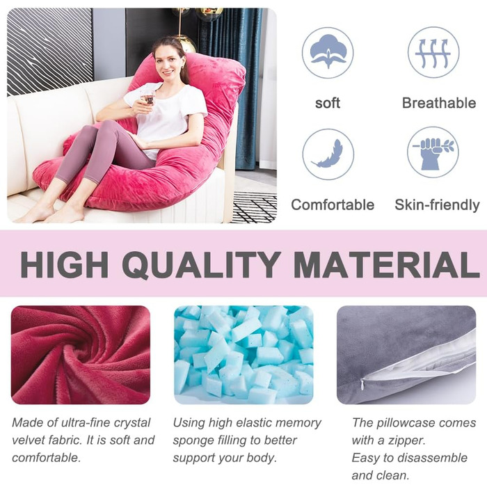 Подушка для вагітних TaiBest з подрібненого пінополіуретану (Memory Foam), U-подібна, для підтримки живота, червона