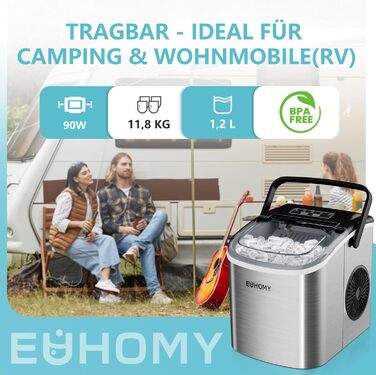 Машина для приготування льоду EUHOMY, 12 кг/24 год, чорна, з нержавіючої сталі, самоочищення, 9 кубиків за 6 хвилин