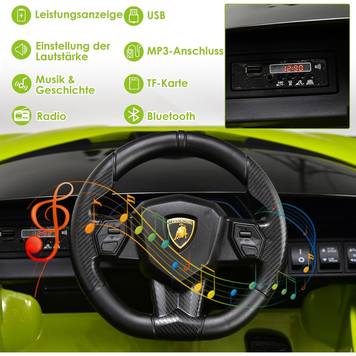 Дитячий електромобіль Lamborghini 12V з пультом, ременем безпеки, світлом, музикою та сигналом, електрокар для дітей від 3 років, зелений