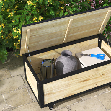 Outsunny Garden Box Дерев'яна коробка для подушок 121 л з колесами, погодозахищена коробка для зберігання для балкона, патіо, природи