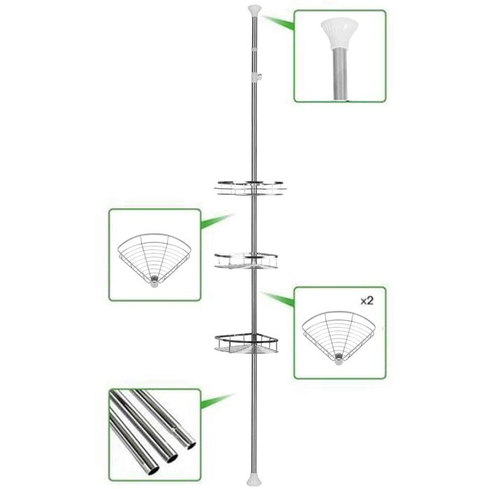 Полиця для душу THINFAR, полиця для ванної з 4 піддонами, душова кабіна, свердління не потрібно, телескопічна полиця для душу з нержавіючої сталі нержавіюча сталь регульована по висоті 110-280 см (3 ступені)