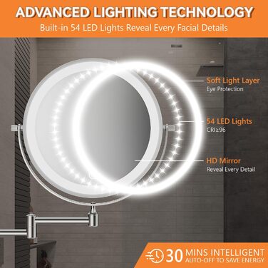 Дзеркало для макіяжу Auxmir з підсвічуванням 1X/30X, перезаряджуване, з LED, для гоління та макіяжу, настінне, поворотне на 360°, з 3 кольорами світла, 3200mAh, срібне