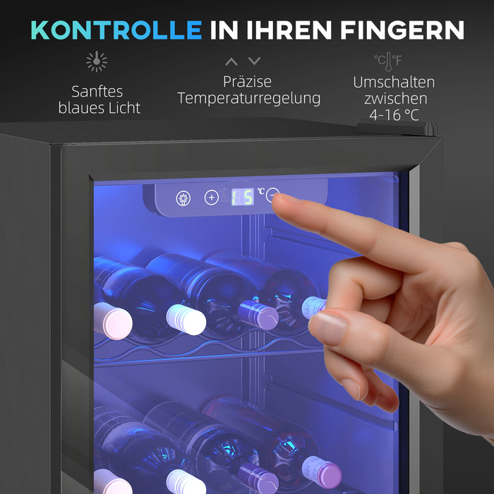 Винний шафа на 24 пляшки, 68 літрів, діапазон температур 4–16 °C, окремостояча модель для напоїв, пива та вина зі скляними дверцятами, чорного кольору