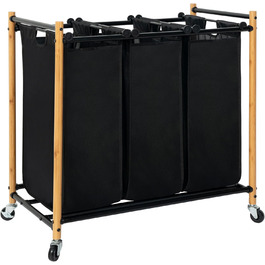 Сортувальник для білизни Storage Maniac з 3 відділеннями, 136 л, з міцними колесами, знімні кишені, бамбук