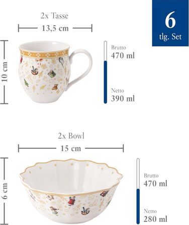 Villeroy & Boch Toy's Delight: Сніданок на двох - сервіз для двох осіб (6 предметів), білий/червоний, кераміка, Преміум якість, Різдвяний сервіз