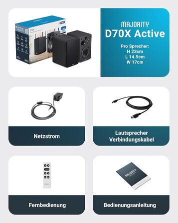 Активні колонки Majority D70X Bluetooth | HDMI ARC | Студійний монітор DJ з вуглецевими мембранами | 70W стерео колонки для ПК | Монітори з пультом дистанційного керування (Чорний)
