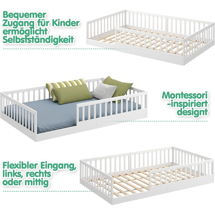 Ліжко дитяче CADANI Timi 2в1 Монтессорі 120x200 см з бортиками, ламелі, масив сосни, біле - 3 варіанти збірки, до 200 кг, регульоване