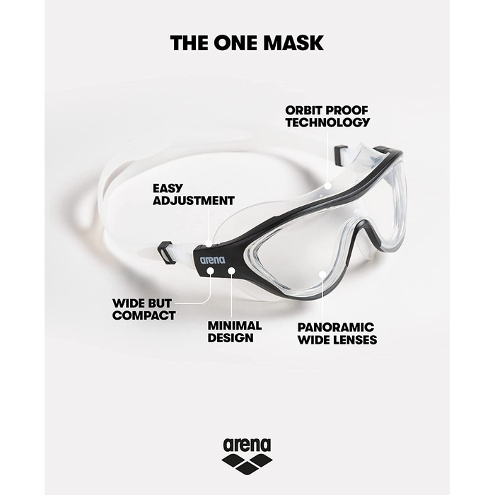 Захисна маска для плавання ARENA The One Mask для дорослих, плавальна маска з великими лінзами, захист від ультрафіолету, саморегулююча носова частина, захисні прокладки для орбіт (чорний (прозорий-чорний-прозорий))