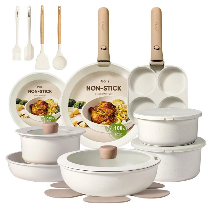 Набір посуду CAROTE 19 предметів: каструлі та сковорідки з антипригарним покриттям, знімні ручки, для індукційних плит, духовка, білий/кремовий