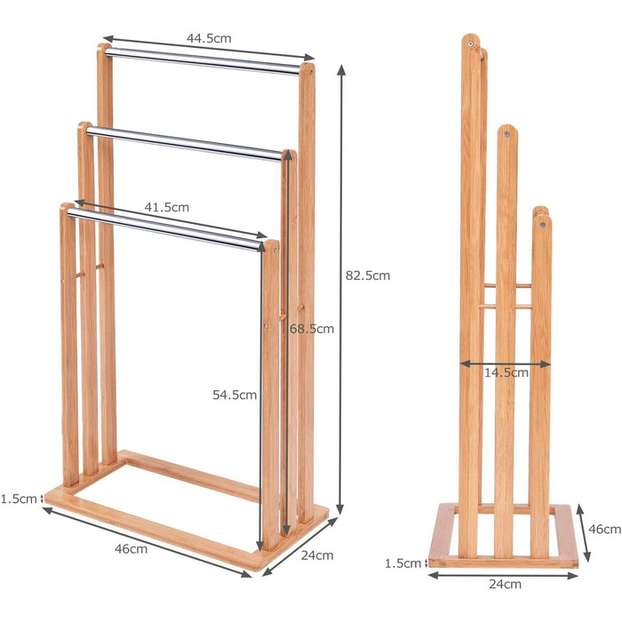 Вішалка для рушників GIANTEX бамбукова, окремостояча, 3 рушникосушки з нержавіючої сталі, макс. 50 символів