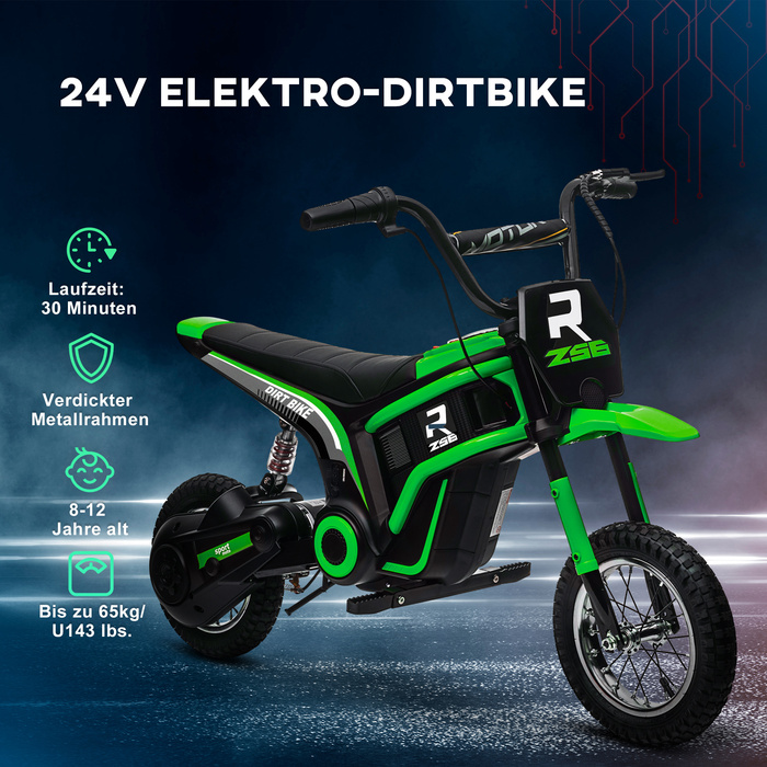Дитячий електричний мотоцикл HOMCOM 12V з клаксоном & світлом, 8-16 км/год, акселератор з поворотною рукояткою, для дітей 8-12 років, зелений