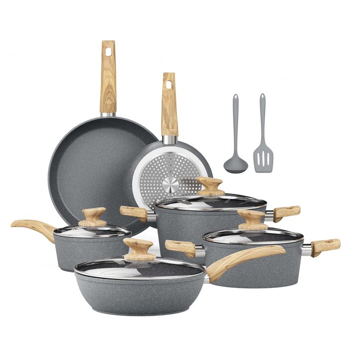 Набір каструль Kitchen Academy Induktion 12 шт. з нержавіючої сталі, сірий граніт, антипригарне покриття, PFOA & PFOS-free
