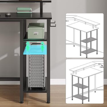 Комп'ютерний стіл Rolanstar L-подібний з RGB підсвічуванням та розетками, кутовий ігровий стіл, стіл для офісу, робочого кабінету, спальні (117 см, чорний, 137 x 137 x 87 см)