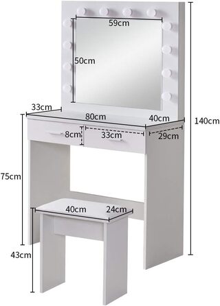 Туалетний столик з підсвічуванням, Табурет, Дзеркало, 2 ящики, Білий, LED, Набір туалетного столика для макіяжу