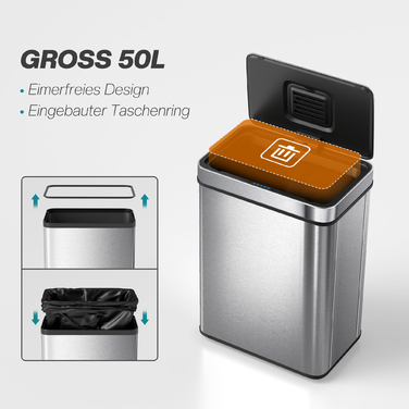 Відро для сміття 50 літрів із датчиком, автоматичний кришка, нержавіюча сталь, універсальне використання, сріблястого кольору