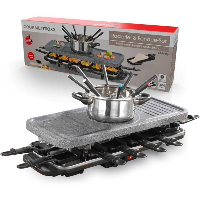 GOURMETmaxx Ракуетка 2-в-1 з Фондю | Набір ракуетки на 8 осіб – ідеальний гриль для вечірок | Ракуетка-фондю комбінація з 8 сковородами, лопатками та виделкою для фондю | Набір ракуетки з фондю на 8 осіб (Ракуетка & Фондю комбі XXL на 12 осіб)